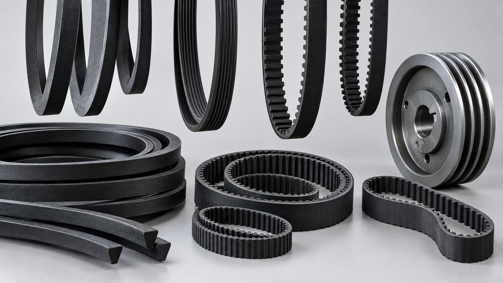 Industrial rubber V-belts and timing drive belts with a metal pulley